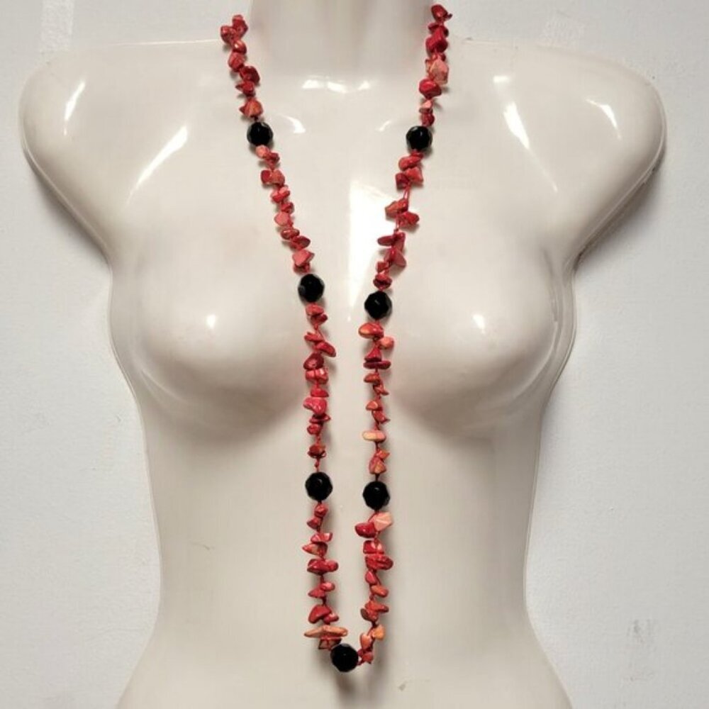 Coral Red and Black Chips and Bead Long Necklace